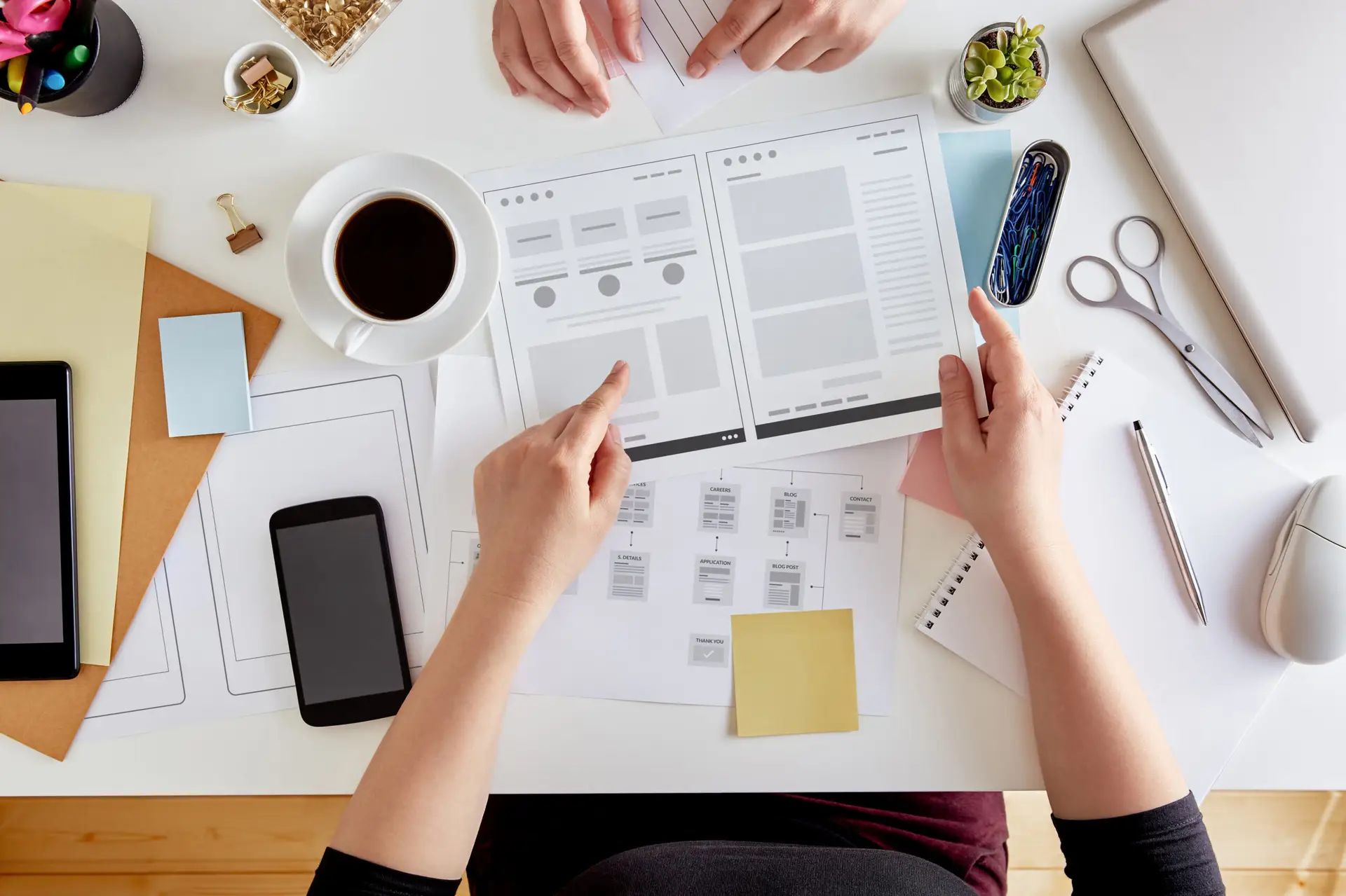 Prestations - Vue aérienne de jeunes planifiant la structure d'une plateforme saas. Étape de conception d'une plateforme Saas (Wireframing)