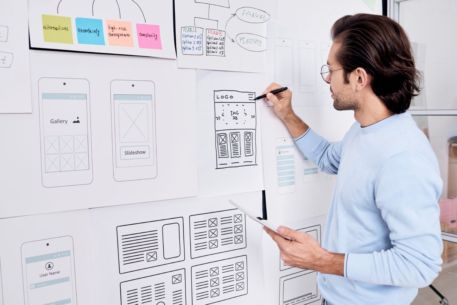 Ux/Ui designer dessine un wireframe sur un tableau blanc lors d'un atelier Ux
