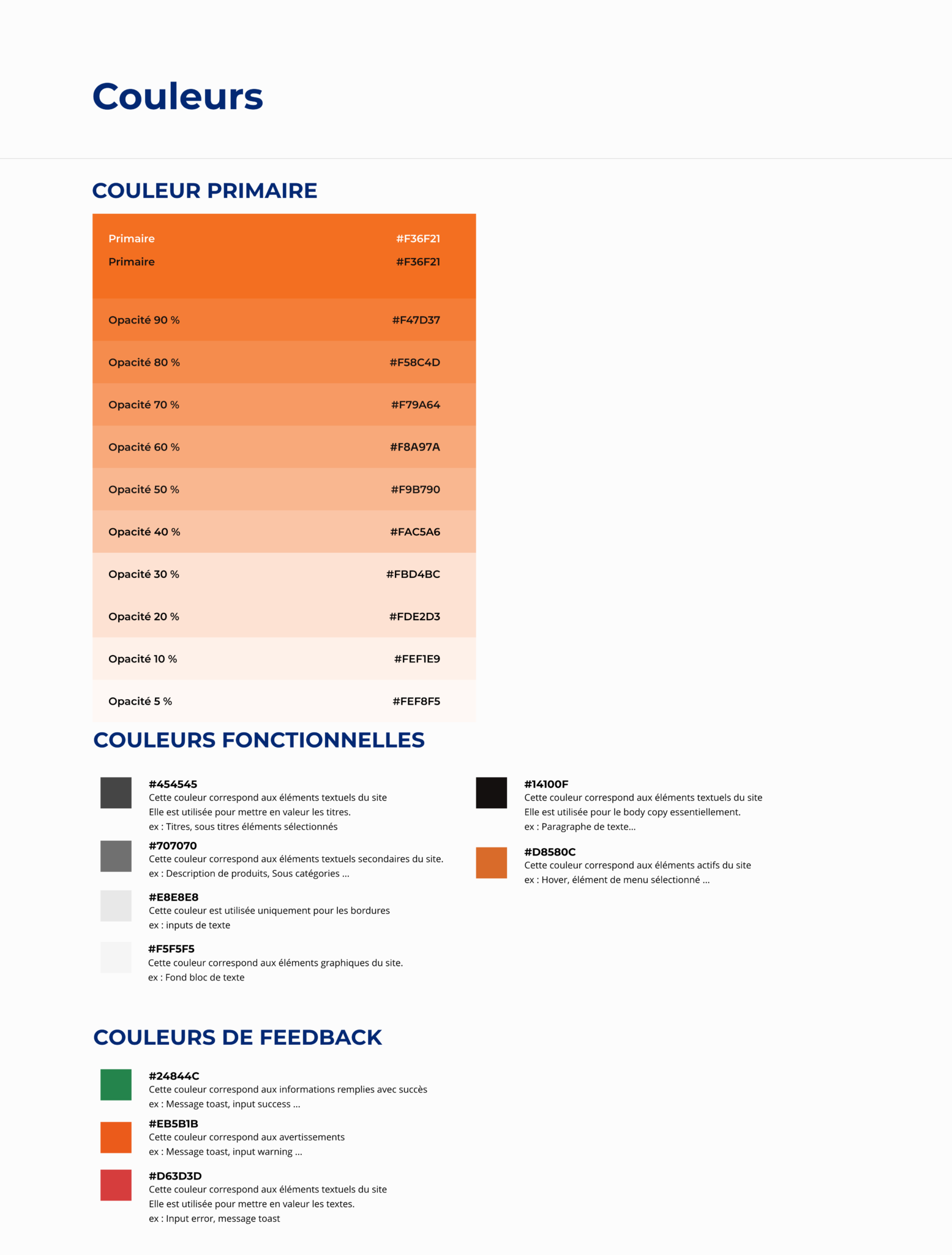 Page du design system présentant les couleurs plateforme Groupe Lempereur