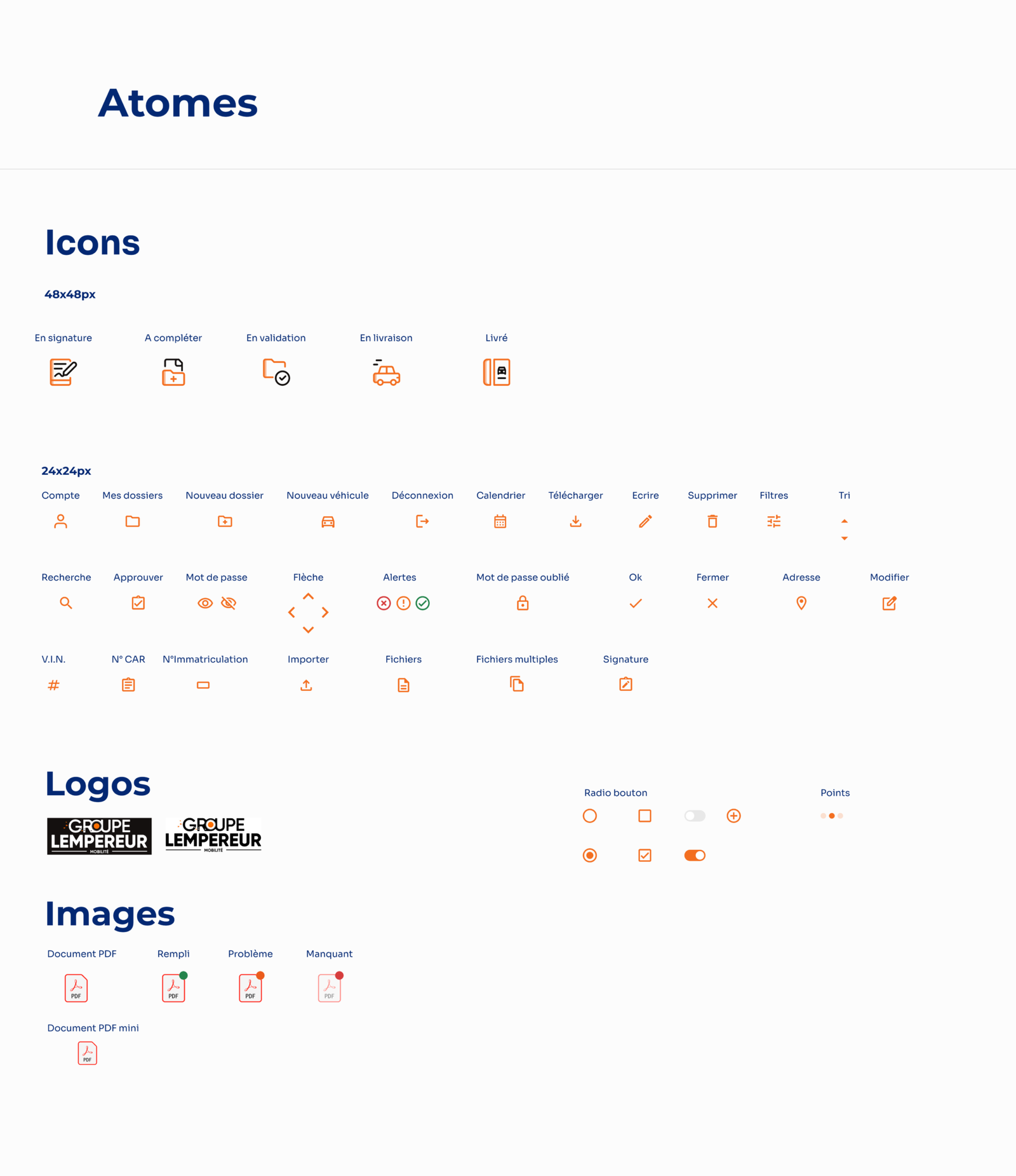 Page du design system présentant les icones plateforme Groupe Lempereur
