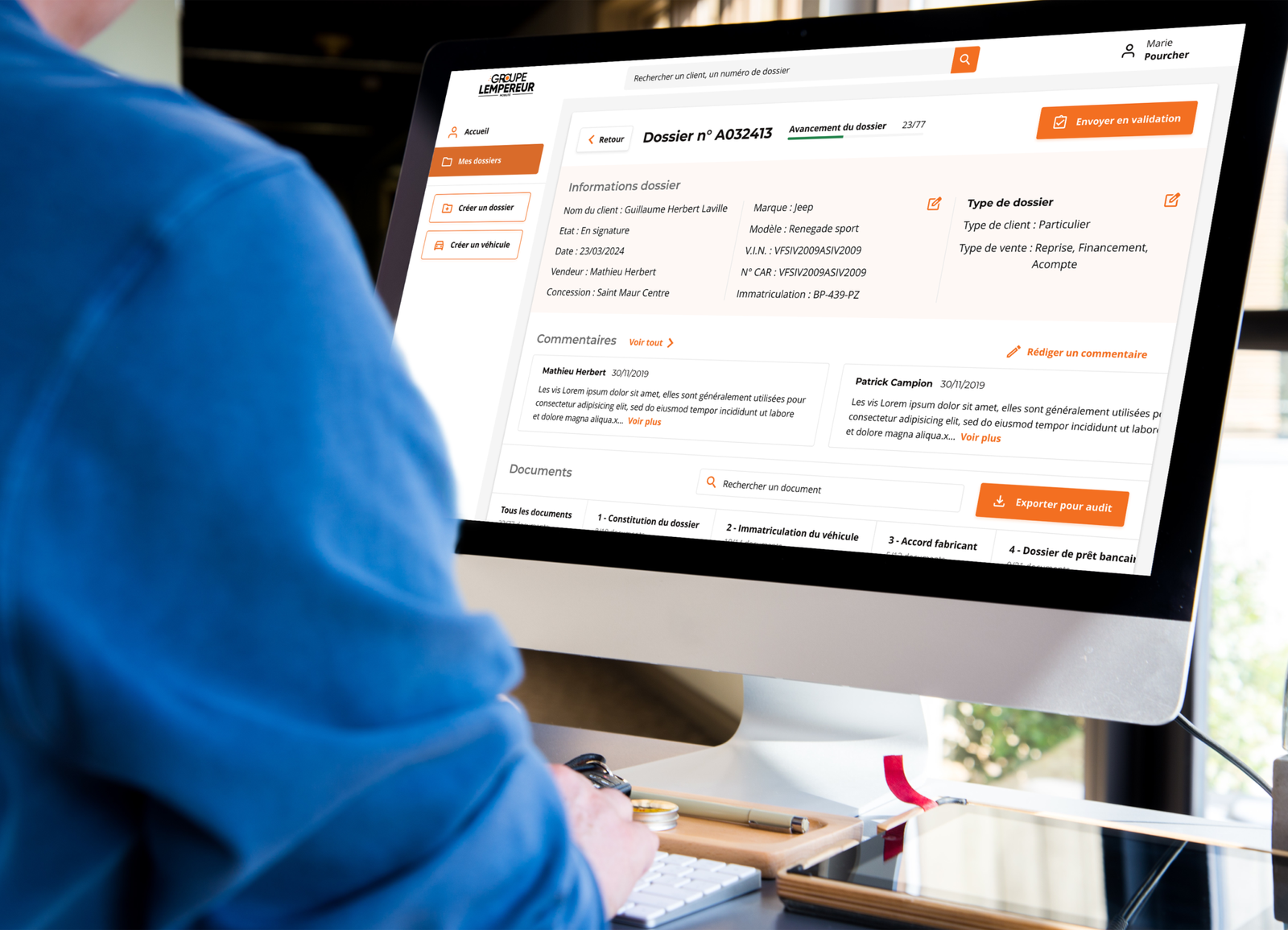 Mise en situation d'une maquette de la plateforme Saas créée pour le Groupe Lempereur avec Datadocs