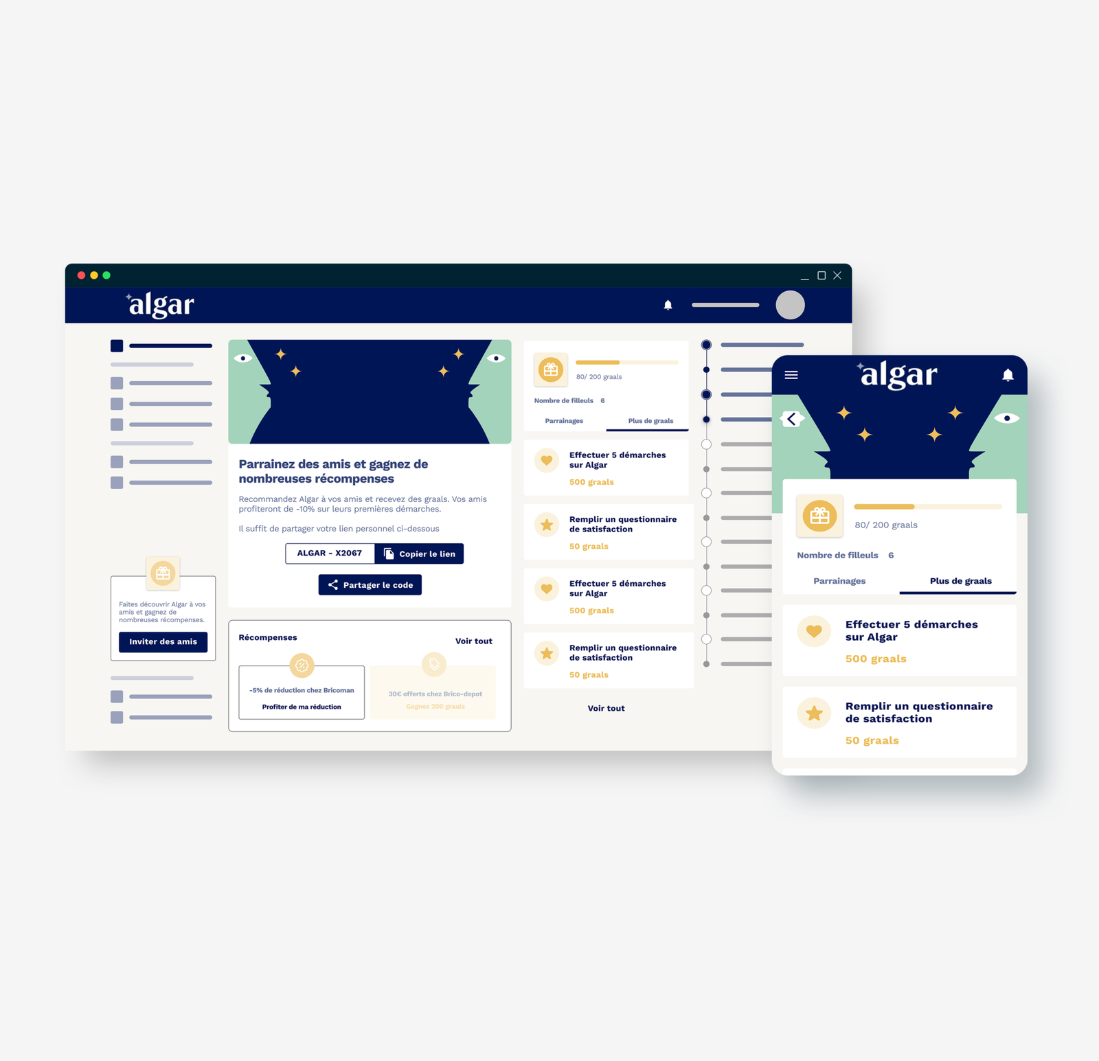 Aperçu desktop et mobile de la fonctionnalité de parrainage Algar avec gamification