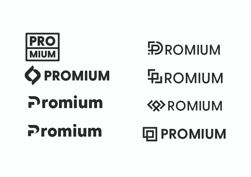 Image illustrant plusieurs propositions de logo Promium noir et blanc